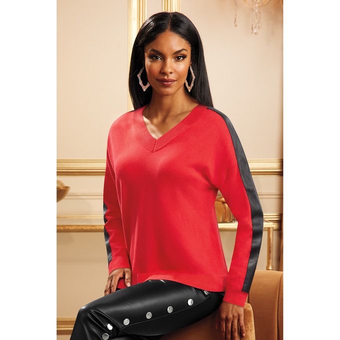 Faux-Leather-Trim Women's Sweater with V-Neck and Oversized Fit, , large