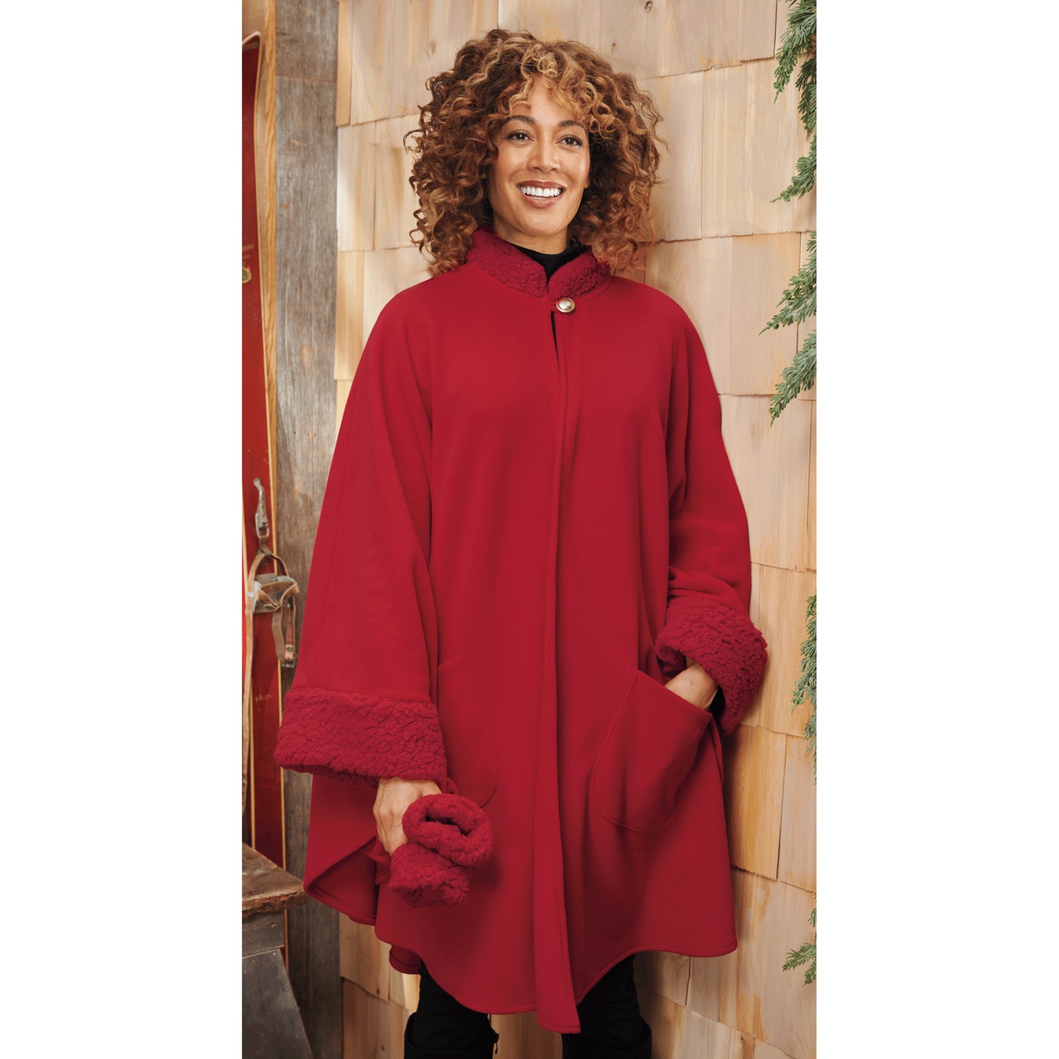 Sherpa-Trimmed Fleece Cape with Gloves | Seventh Avenue