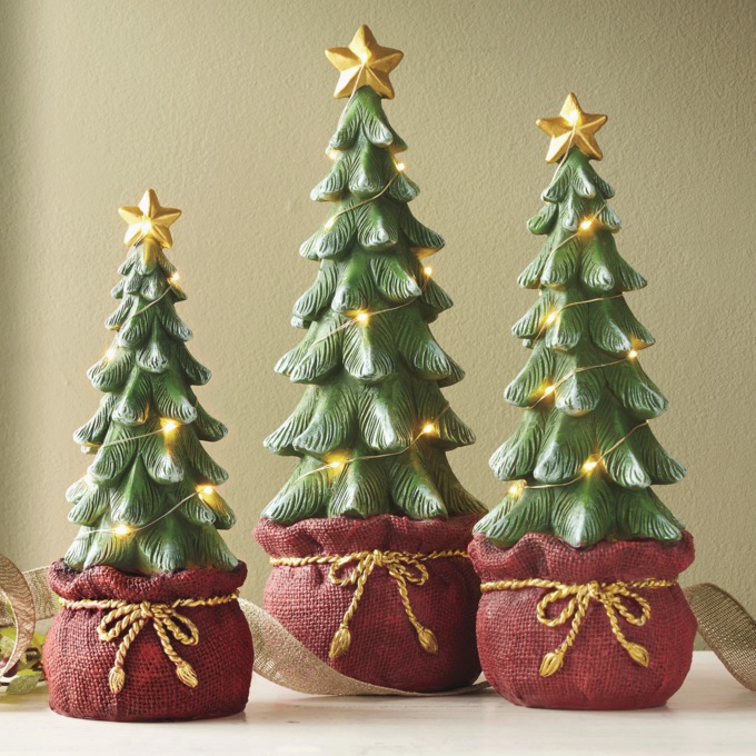Set of 3 Lit Trees in Santa Bags, , large