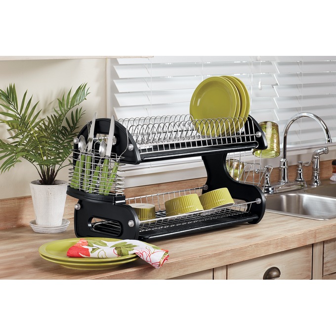 2-Tier Dish Rack, Black, large