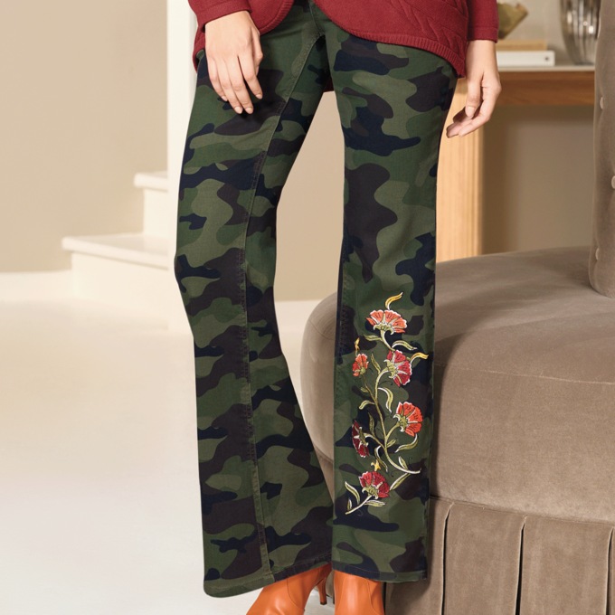 Cora Camo Bootcut Jean for Women with Embroidered Flowers in Stretch Denim, , large