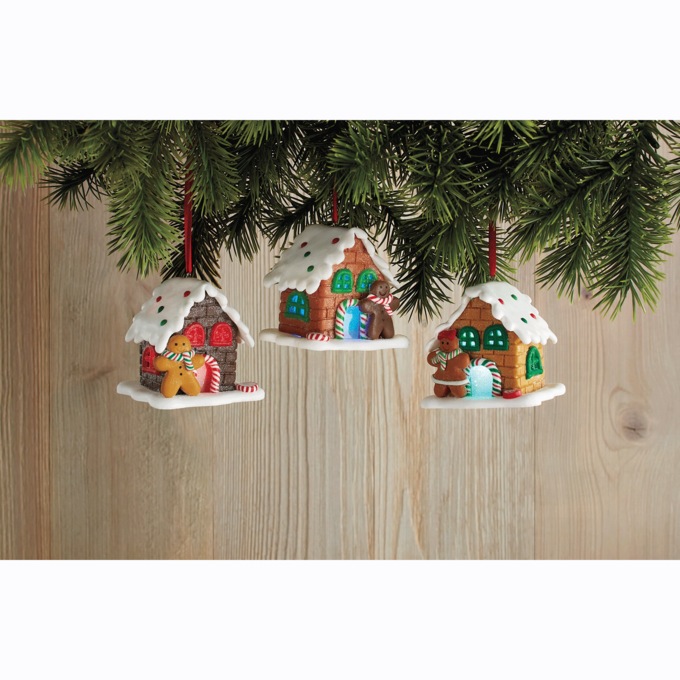 Set of 3 Lit Gingerbread House Ornaments, , large