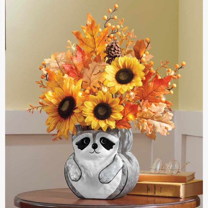 Lit Sunflower Bouquet in Raccoon Pot, , large