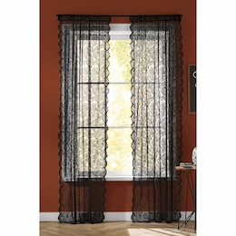 Salem Black Sheer Lace Jacquard Window Panel with Scalloped Edges, , large