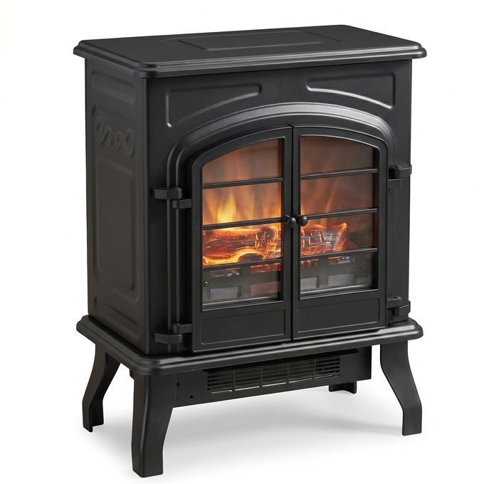 1500W Electric Fireplace Stove Heater with Remote & Realistic Flame Effect, Black, large