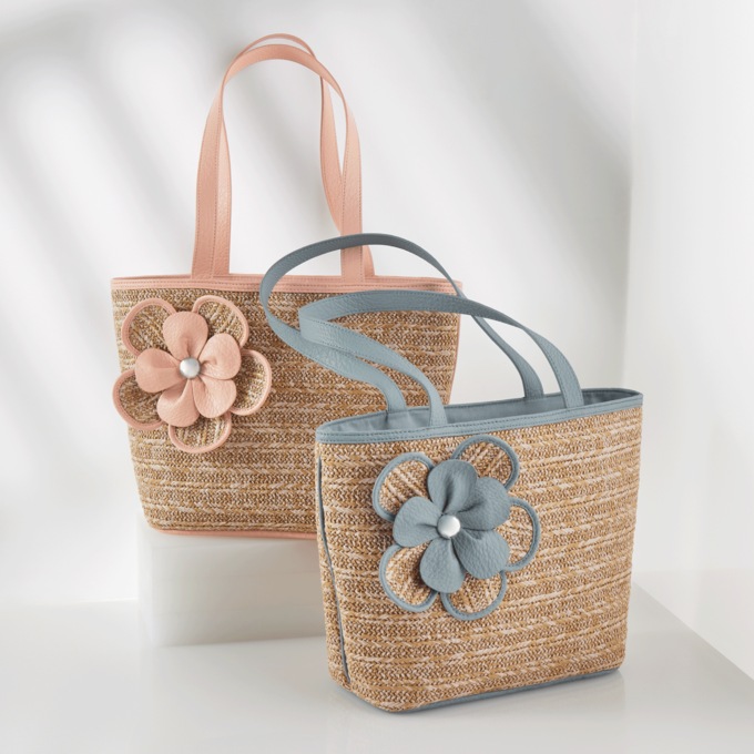Synthetic Straw Tote with 3D Faux Leather Flower, , large