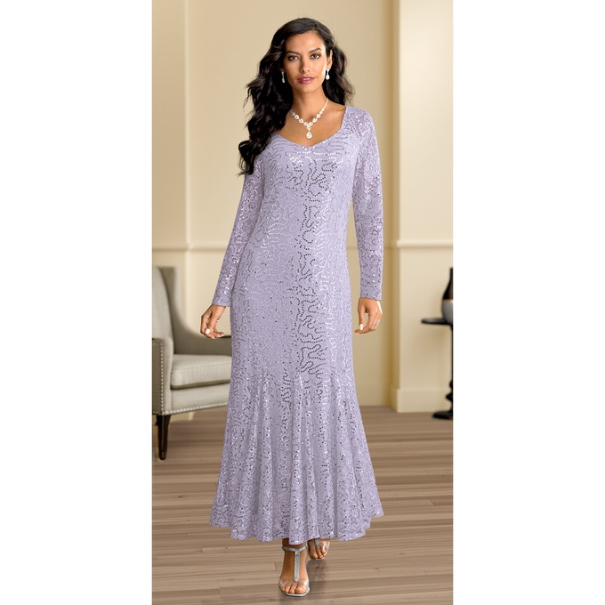 Sylvie Sequin Lace Gown with Long Sleeves, , large