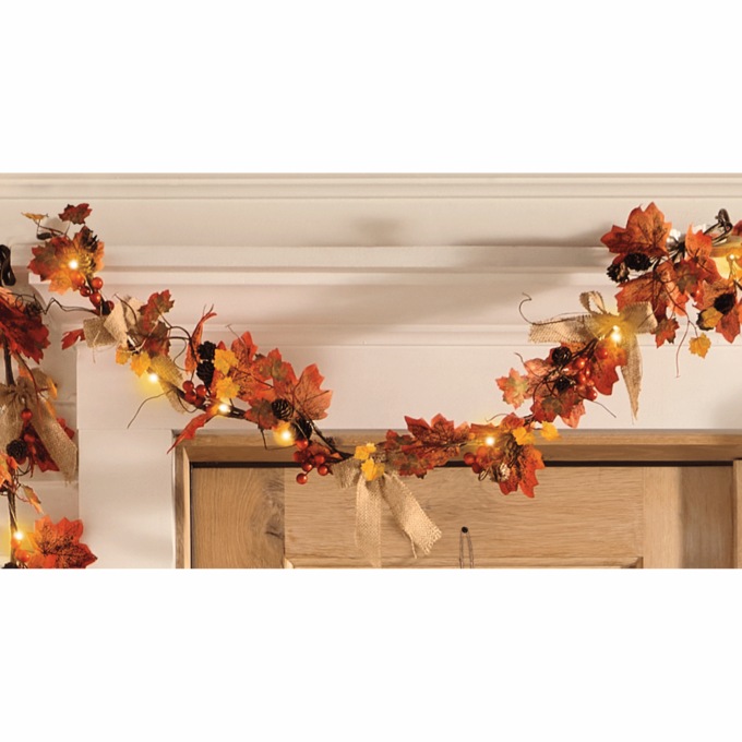 Lit Harvest Fall Leaves and Burlap Garland, , large