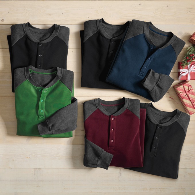 2-Pack Men's Fleece Raglan Henley Shirt in Sweatshirt Fabric with Long Sleeves, , large