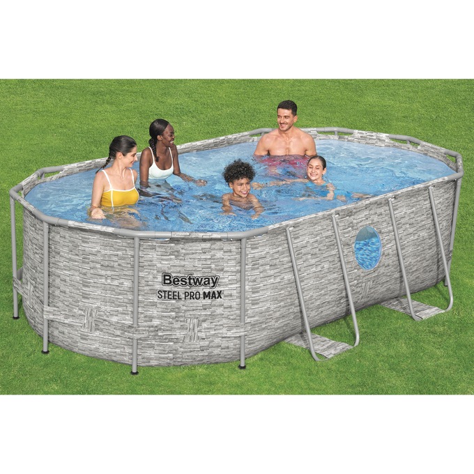 Bestway Power Steel Swim Vista Series 14' Above Ground Outdoor Swimming Pool Set with Filter Pump, Ladder, and Pool Cover, , large