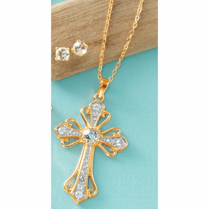 Gemstone Cross Pendant/Earrings Set, , large
