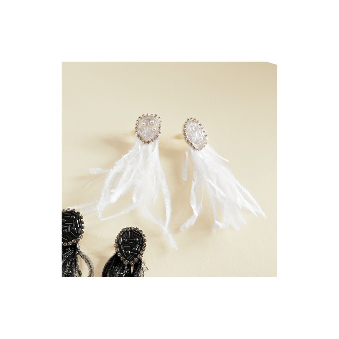 Feather and Bead Earrings, White Silvertone, large