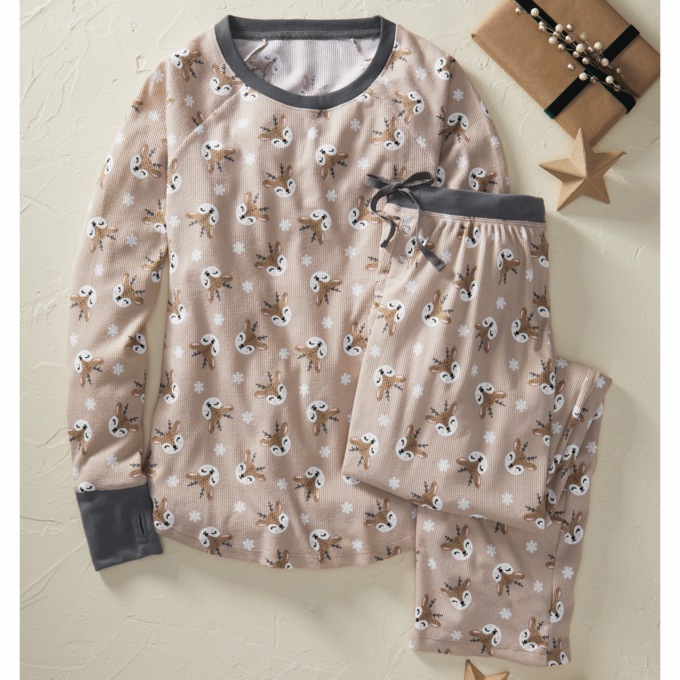 Deer Print PJ Set with Pull-on Pant and Top with Thumbhole Cuffs, , large