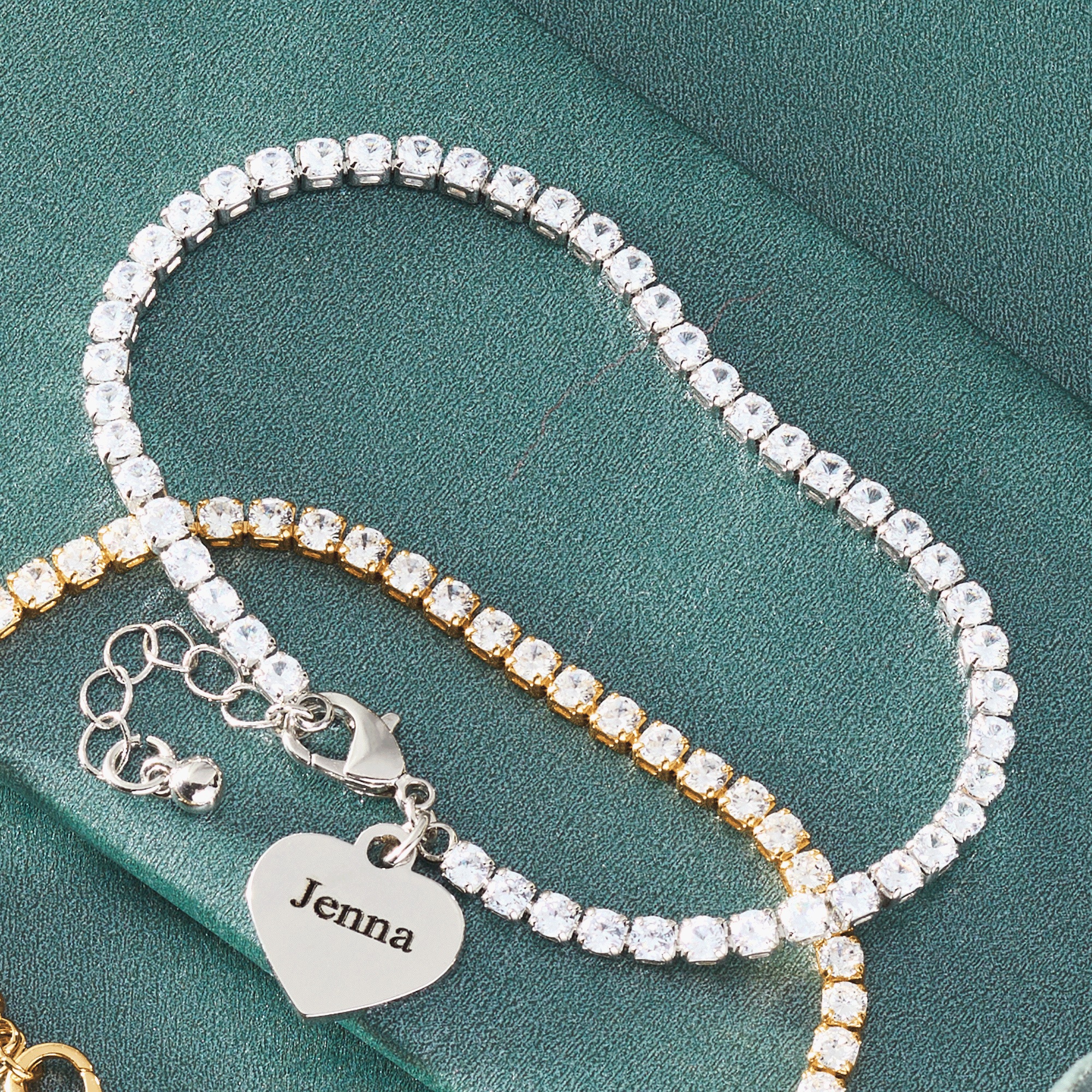 Personalized Heart Charm Cubic Zirconia Tennis Bracelet, Silvertone, large