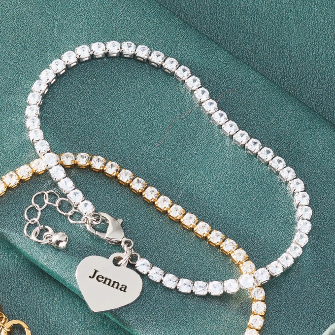 Personalized Heart Charm Cubic Zirconia Tennis Bracelet, , large