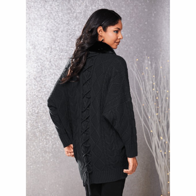 Diana Faux Fur-Trimmed Cardigan, Black, large