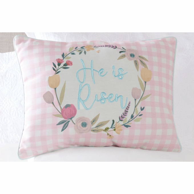 Embroidered He is Risen Pillow, Pink, large