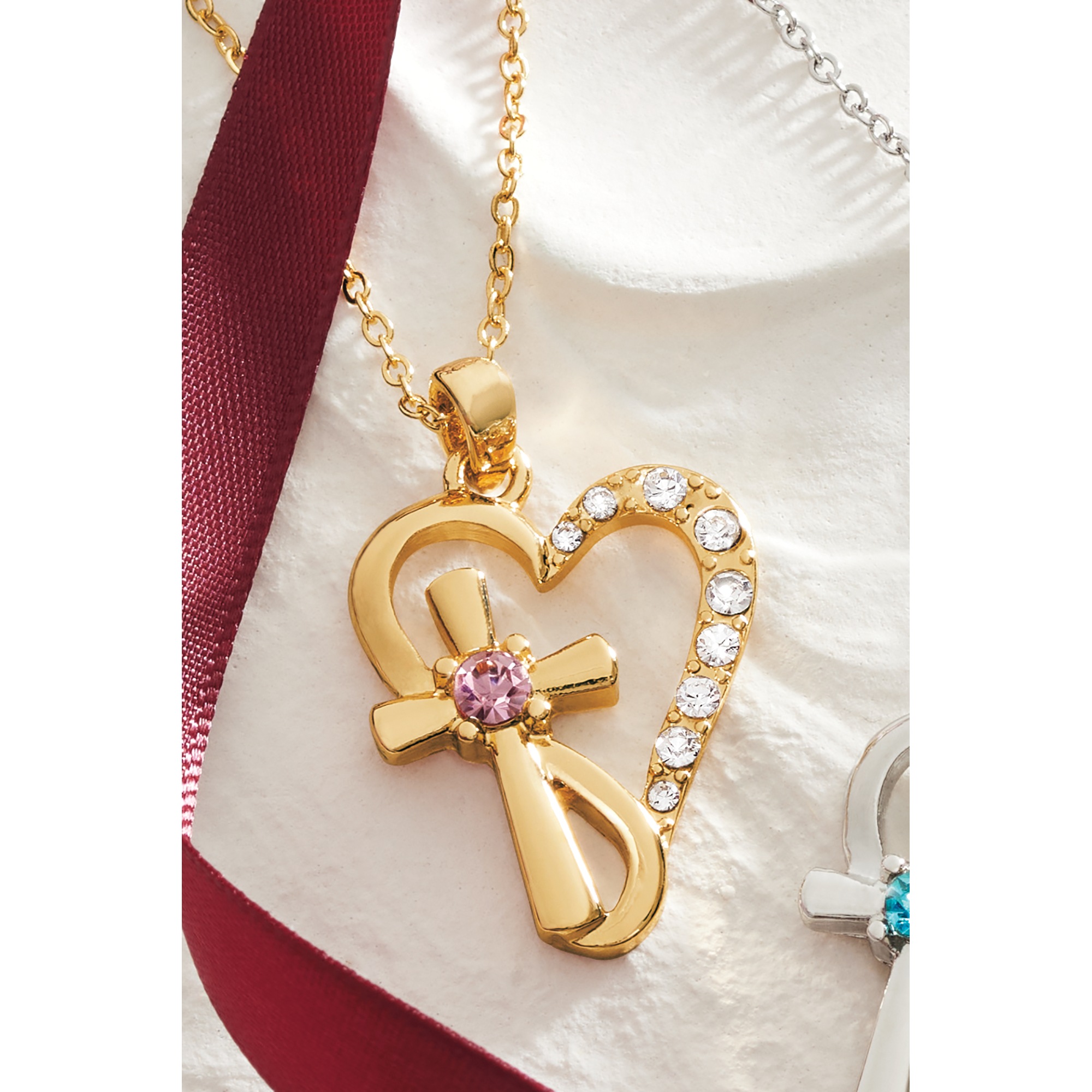 Personalized Birthstone/Crystal Heart/Cross Pendant, Goldtone, large