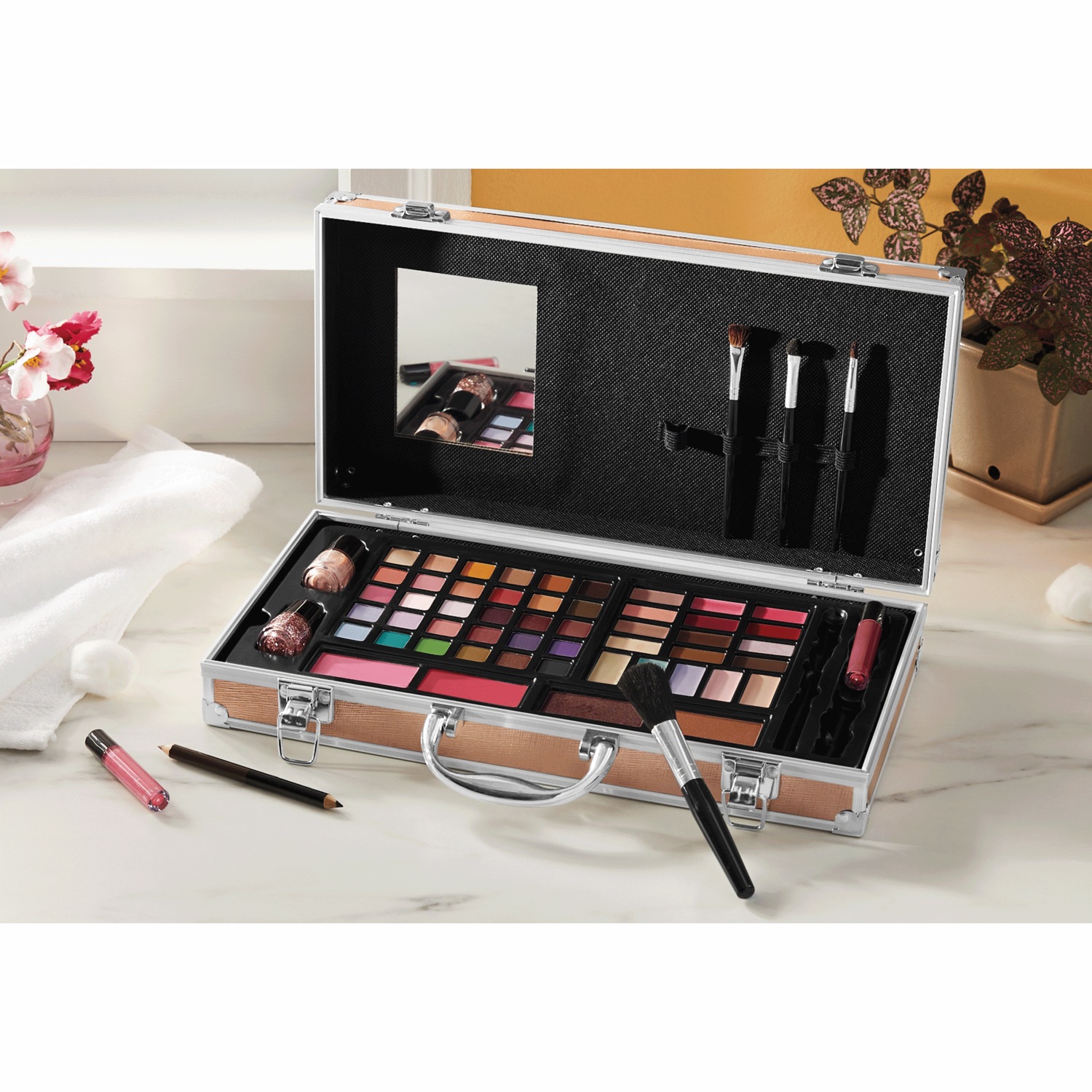 Luxe All-in-One Makeup Train Case with Over 50 Pieces | Seventh Avenue