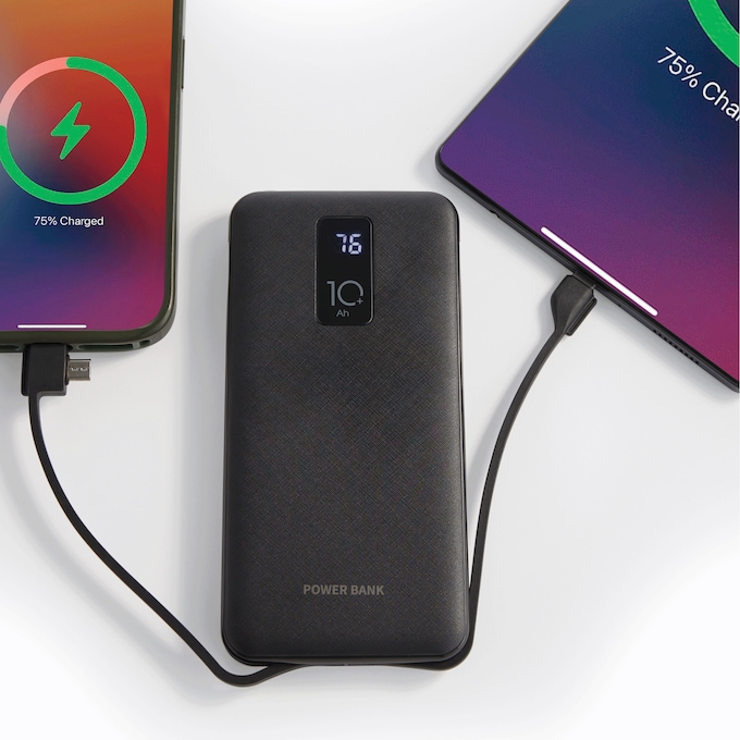 10,000mAh Portable Power Bank with Built-In USB-C, Micro USB and Lightning Cables, Black, large