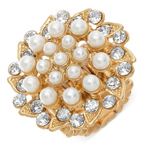 Faux-Pearl & Crystal Stretch Ring, , large