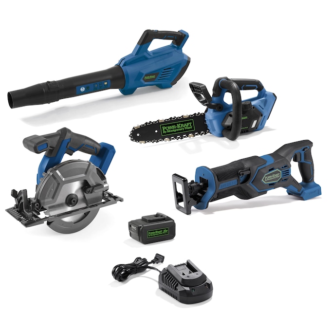 Buy All and Save Pack: Powr-Kraft 20V Blower, Circular Saw, Reciprocating Saw, Chainsaw with 4.0Ah Lithium-Ion Battery & Charger by Montgomery Ward, , large