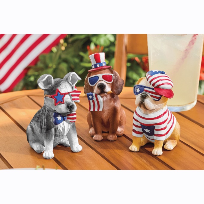 Set of 3 Americana Dog Figurines, Multi, large