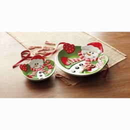 Set of 2 Merry Snowman Serving Dishes, , large