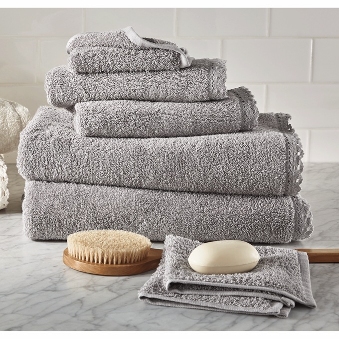 6-Piece Crochet Trim Towel Set, Gray, large
