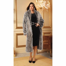 Full-length Faux-Fur Fox Coat with Satin Lining and Shawl Collar, , large