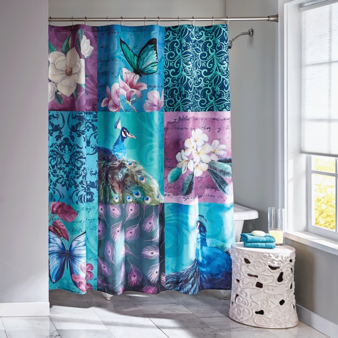 Printed Patchwork Peacock Shower Curtain, , large