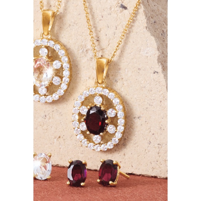 Gemstone Oval Frame Necklace & Earring Set, Garnet, large