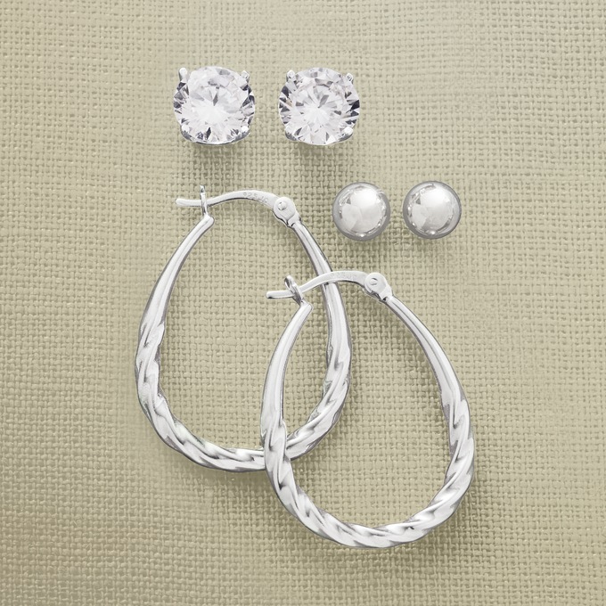 3-Pair Hoop and Stud Earring Set, Sterling Silver, large
