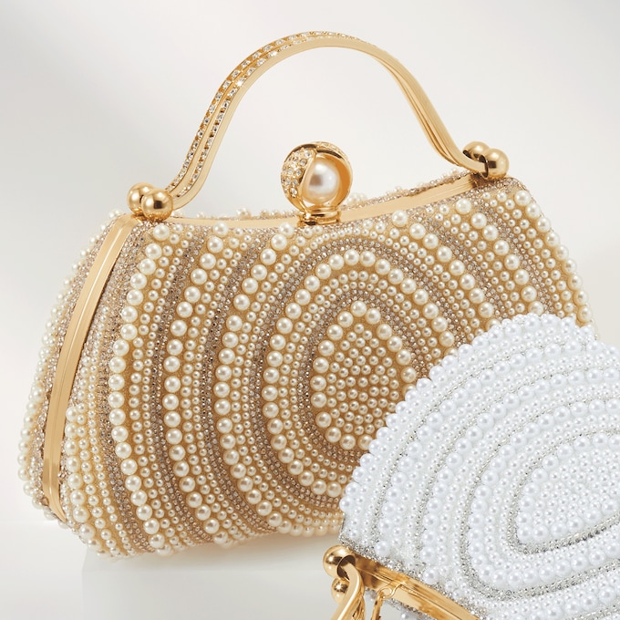 Faux Pearl Embellished Clutch with Catch Closure, Gold, large