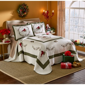 Cardinal Embroidered Hand-Pieced Quilted Bedspread, , large