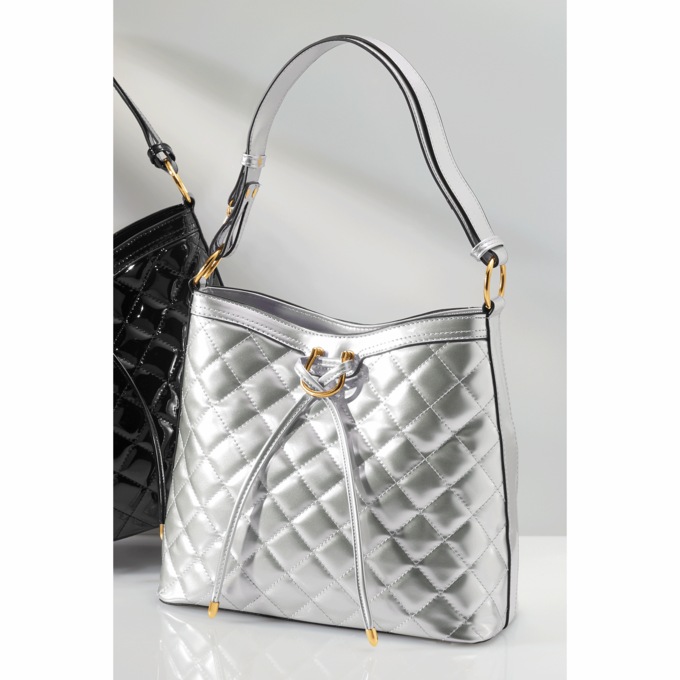 Quilted Diamond-Stitch Tote , Silver, large