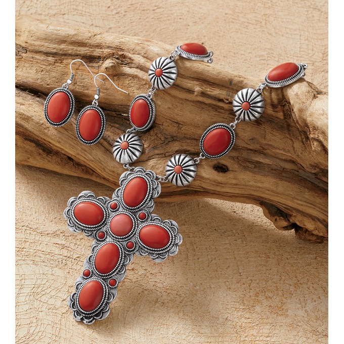 Faux-Stone Southwest Necklace and Earring Set, Faux Coral, large