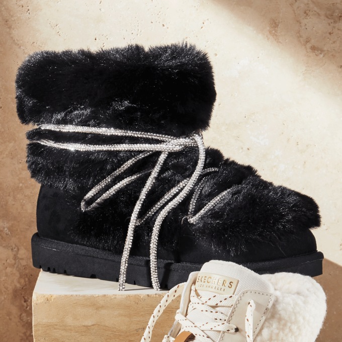 Azalea Wang Retrograde Faux-Suede Bootie for Women with Faux Fur and Rhinestone Lacing, , large