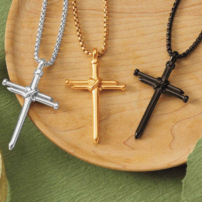 Men's Stainless Steel Nails/Cross Pendant, Goldtone, large