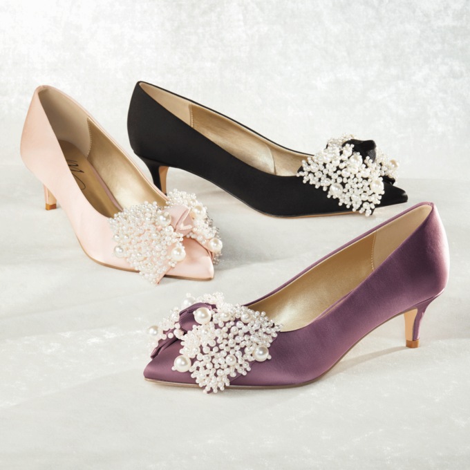 Faux-Pearl Satin Bow Pump with 2" Kitten Heel and Memory Foam for Women, , large