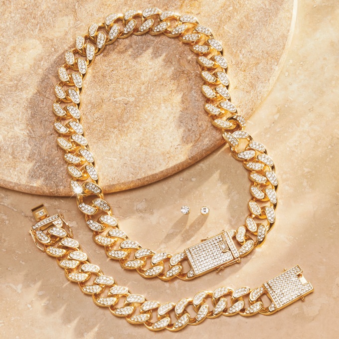 Crystal Link Necklace, Earring and Bracelet Set, Goldtone, large