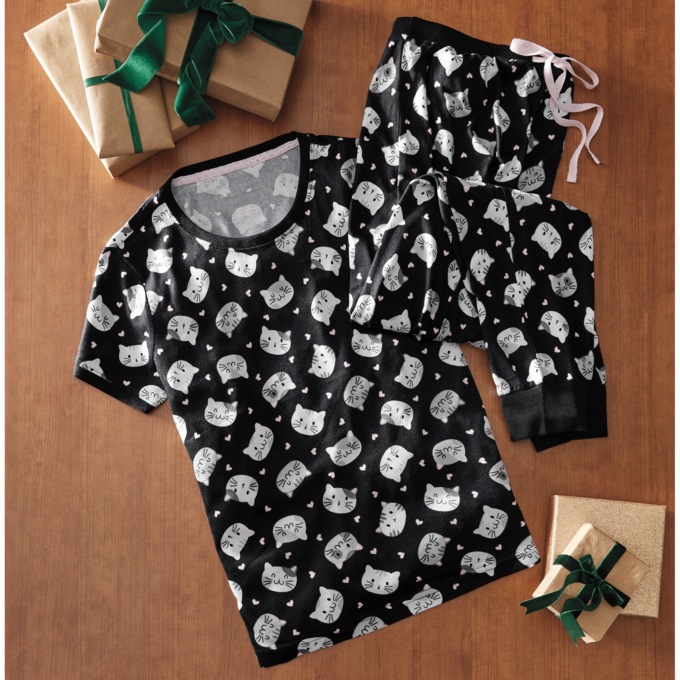 Kitty Cat-Print PJ Set in Stretch Jersey with Pull-on Top and Pants, , large