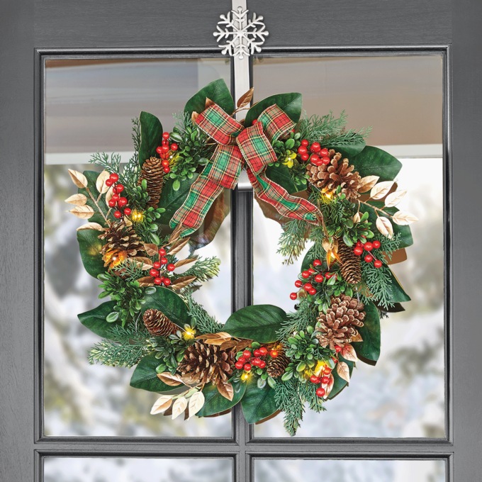 Outdoor Christmas Wreath with Tartan Bow, , large
