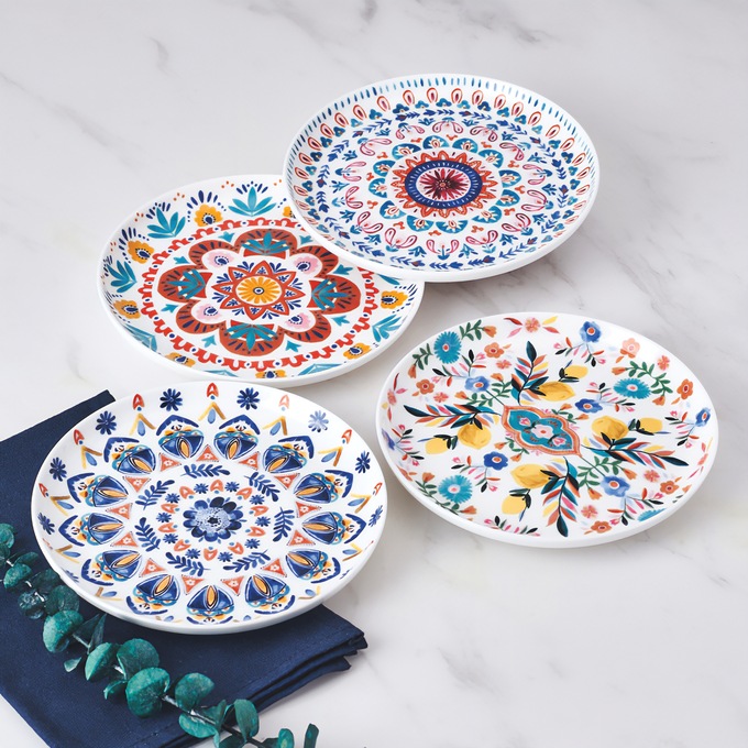 Set of 4 Mikasa Painted Medallion Appetizer Plates, , large
