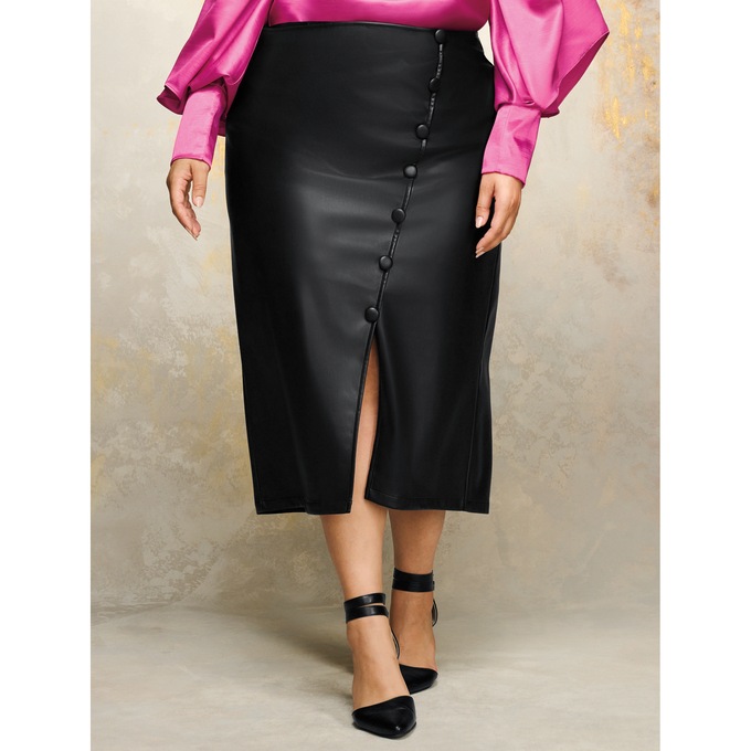 Button-Front Faux-Leather Skirt, , large