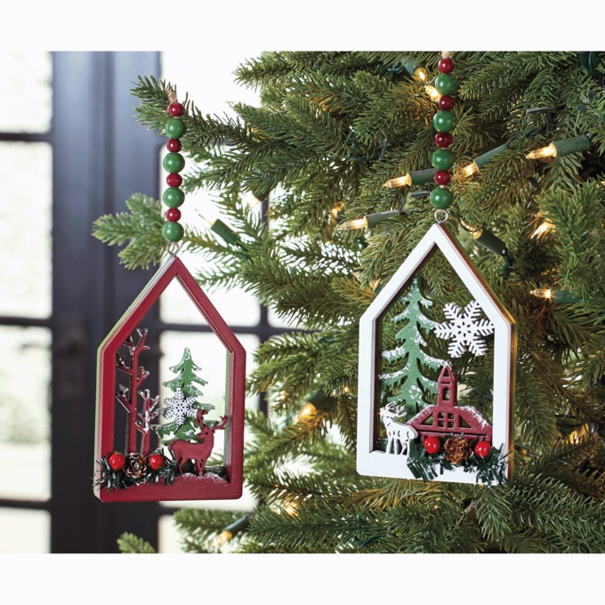 Set of 2 Wooden Christmas Scene Ornaments, , large