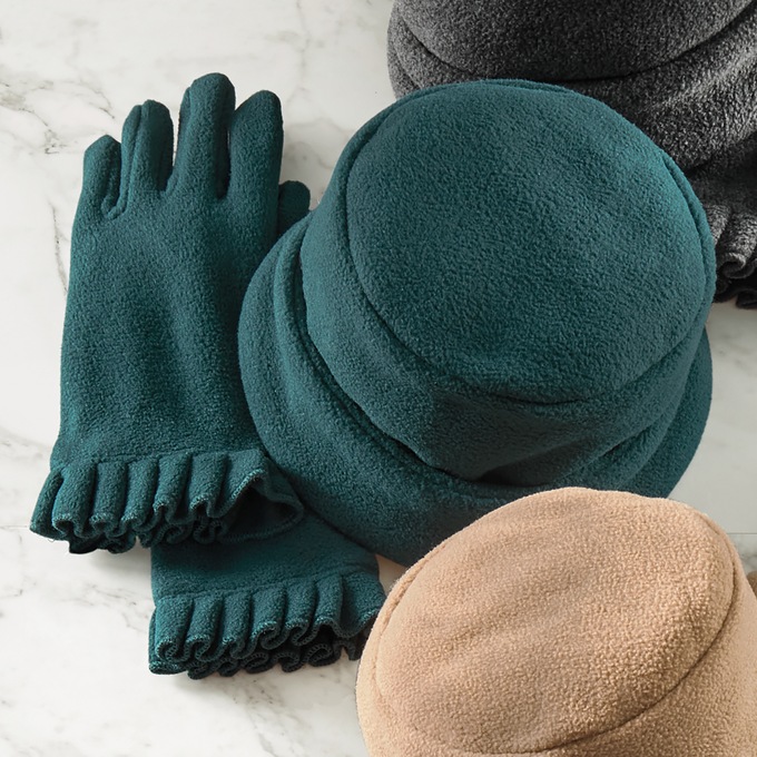 Hat and Ruffle Trim Glove Set, Teal, large