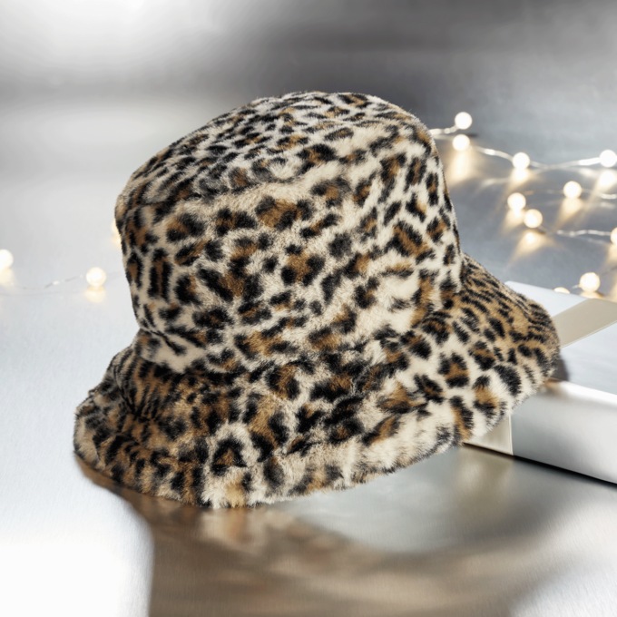 Faux-Fur Leopard-Print Bucket Hat, Snow Leopard, large