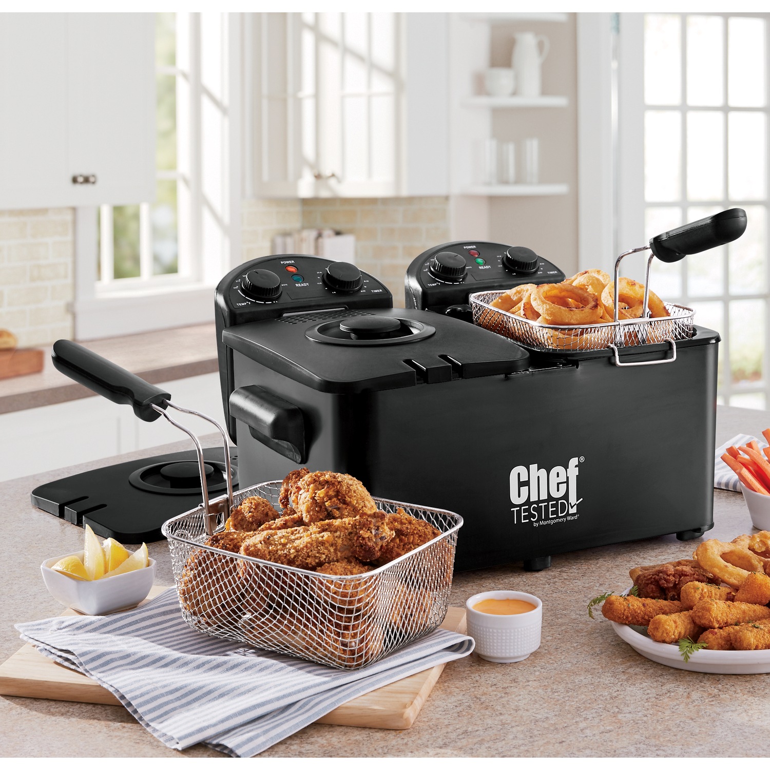 Chef Tested Double Tank Deep Fryer by Montgomery Ward and Set of 3 Deep Fryer Filters Seventh