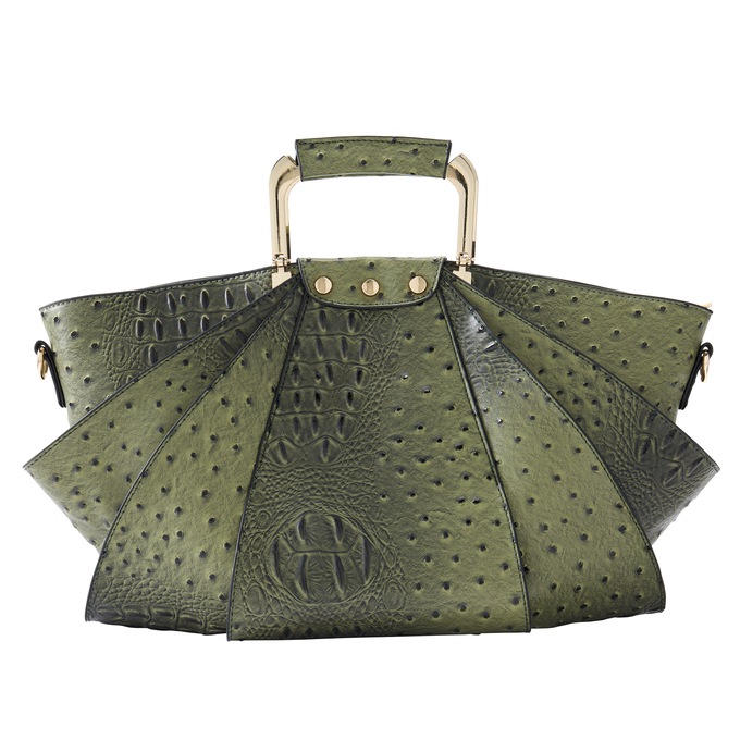 Croco-Fan Embossed Faux Leather Handbag – Fanned Design with Zip Closure, Inside Pockets & Removable Strap, Green, large